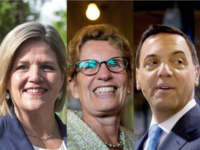 L to R: collage of Ontario NDP leader Andrea Horwath, Liberal leader Kathleen Wynne and PC leader Tim Hudak.