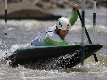 Larry Norman competes in the Canoe (C1) Men's category at the first Ontario canoe slalom race of the year, at the Pumphouse downtown Ottawa on June 29, 2014. Many of these paddlers have hopes of representing Ontario at the PanAm games in 2015, while others are local recreational paddlers racing for the first time.