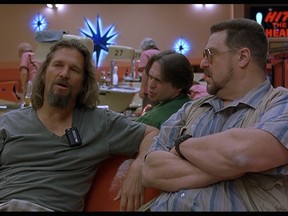 Jeff Bridges as The Dude, left, with Steve Buscemi and John Goodman at the bowling alley in The Big Lebowski.