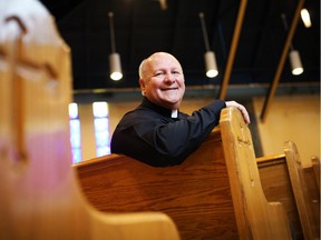 Léo Villeneuve was to be ordained as a priest on Friday after being married, having two kids and a career in nursing. Now a widower, he was photographed at Sainte-Marie Church in Orléans.