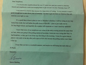 A handout image from the Ontario Liberal Party shows a letter apparently sent by the Progressive Conservatives to an Ottawa West-Nepean voter directing her to the wrong polling station.