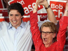 Ontario Liberal leader Kathleen Wynne and federal Liberal leader Justin Trudeau during a Ontario Liberal campaign stop in Ottawa, June 4, 2014.