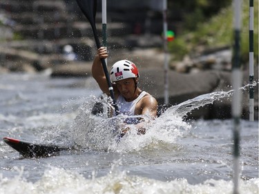 Michael Tayler competes in the Kayak (K1) Men's category at the first Ontario canoe slalom race of the year, at the Pumphouse downtown Ottawa on June 29, 2014. Many of these paddlers have hopes of representing Ontario at the PanAm games in 2015, while others are local recreational paddlers racing for the first time.
