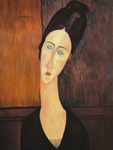A painting in the style of Modigliani, painted by the Chilean artist Graciela Montealegre, and included in the exhibition F is for Fake, at SAW Gallery.