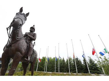 On June 05, 2014, flags were flying at half-mast at the Royal Canadian Mounted Police National Memorial in Ottawa after three officers were shot and killed and two other officers were wounded by a heavily armed gunman in Moncton, NB.