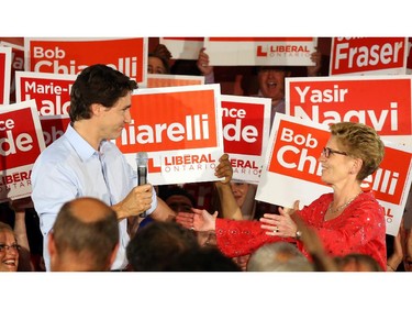 Ontario Liberal candidate, Kathleen Wynne, holds an election campaign rally with Justin Trudeau in Ottawa, June 04, 2014.