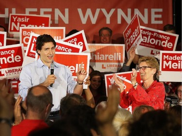 Ontario Liberal candidate, Kathleen Wynne, holds an election campaign rally with Justin Trudeau in Ottawa, June 04, 2014.