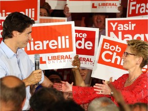 Kathleen Wynne holds an election campaign rally with Justin Trudeau in Ottawa on Wednesday.