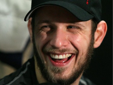 Ottawa Senators' Jason Spezza reacts to something humorous during an interview by Cabral Richard (not shown) for the Score's Cabbie on the Streets feature, following practice at Scotiabank Place, on Sunday June 03, 2007. Anaheim leads the Stanley Cup finals, best-of-seven series 2-1.