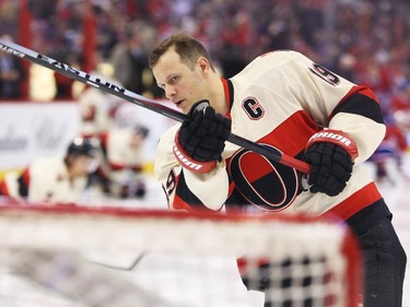 Jason Spezza of the Ottawa Senators warms up prior to his team's game against the Montreal Canadiens at Canadian Tire Centre in Ottawa, April 04, 2014.
