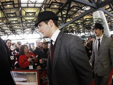 Jason Spezza of the Ottawa Senators arrives at the train station prior to boarding the train to Montreal. The Ottawa Senators will take part in the Operation Montreal - Heritage Train trip to Montreal. A group of 280 people, including the entire Senators team, management, partners and fans, will board a Via Rail train and travel to Montreal in advance of Ottawa's game against the Montreal Canadiens on March 14 at the Bell Centre. In honour of the trip, the team will wear its heritage uniform during the March 14 game.