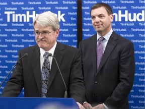 Randall Denley joins Tim Hudak in 2011 to announce Denley's candidacy for the Ontario Conservative Party.