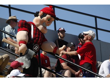 Ottawa RedBlacks mascot Big Joe greets fans during an intrasquad game at the Mont-Bleu Sports Complex in Gatineau on Saturday, June 7, 2014.