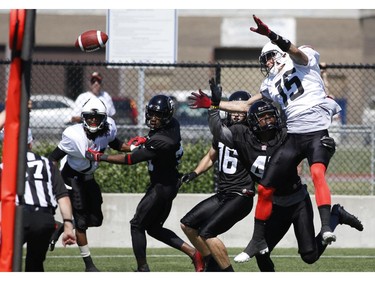 Ottawa RedBlacks Wide Receiver #15 DJ Woods is tackled in the end zone during an intrasquad game at the Mont-Bleu Sports Complex in Gatineau on Saturday, June 7, 2014.