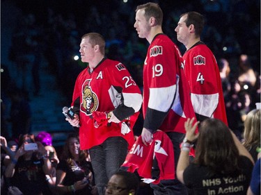Ottawa Senators alternate captain Chris Neil, captain Jason Spezza and Chris Phillips speak for National We Day 2014 as 16,000 students and teachers gathered at the Canadian Tire Centre in Ottawa on Wednesday, April 9, 2014