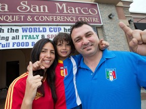 Owners of Sala San Marco banquet hall Tony Zacconi (who is Italian) and his wife Maria Iglesias-Zacconi (who is Spanish), will be cheering for different countries during the World Cup while their son their son Amadeo, 5, will be wearing a split jersey.