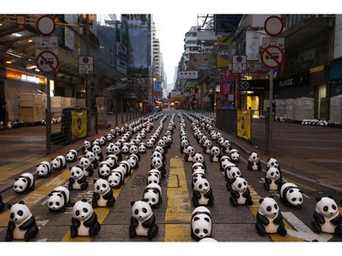 Part of the 1,600 paper pandas, created by French artist Paulo Grangeon, are displayed at a street in Mongkok, a shopping district in Hong Kong during the month-long "1600 Pandas World Tour", Friday, June 13, 2014.