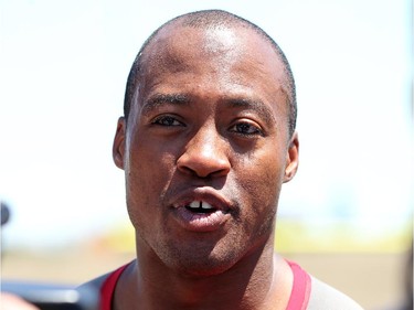Quarterback Henry Burris talks to the media after practice. The Ottawa Redblacks held their first practice ever at the new TD Place stadium at Lansdowne Park Friday, June 27, 2014.