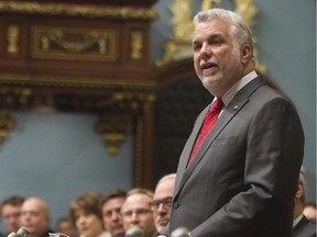 Quebec Premier Philippe Couillard speaks at the Quebec legislature Wednesday, May 21, 2014 in Quebec City.