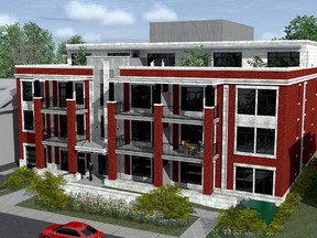 Rendering of 174 Glebe Avenue, a 12-unit condo project by MODA Development Corporation. Designed by CSV Architects, the exterior combines red brick and precast concrete with large balconies and ground-floor terraces that are meant to engage with the neighbourhood of mostly traditional homes.