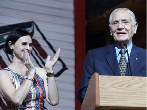Renowned architect Douglas Cardinal, on stage with his wife, Idoia Arana-Beobide, at a special tribute in honour of his 80th birthday held at the Canadian Museum of History on Friday, June 6, 2014. (Caroline Phillips / Ottawa Citizen)