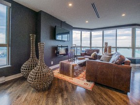 Suite 3104, which is also the rental centre, is the showcase unit, featuring a wall-mounted fireplace and views to the north and east.