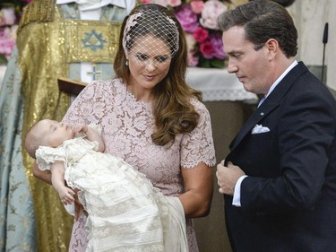 Princess Madeleine of Sweden and Christopher O'Neill attend a baptism of Princess Leonore in the Drottningholm Palace church outside Stockholm, Sweden, on June 8, 2014.