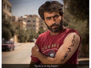 "Syria is in my heart": Photographers Robert Fogarty and Benjamin Reece first gave Syrian refugees felt-tip markers. The refugees wrote messages to world leaders on their arms and hands and were then photographed. .  CARE Canada will be showcasing these photos during a special World Refugee Day event with the UN Refugee Agency at Ottawa City Hall on Friday, June 20, 2014.