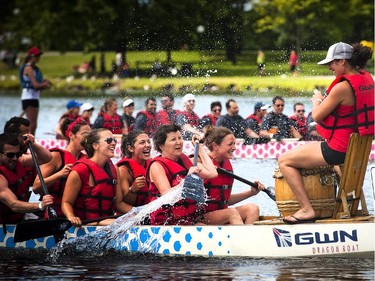 The Destroyers killed their 500m mixed finals Sunday at The 21st Tim Hortons Ottawa Dragon Boat Festival which took place this past weekend at Mooney's Bay Park. After winning the team took a moment to show some appreciation to the drummer with a couple good splashes of water.
