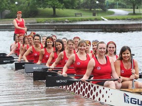 The Lipstick Dragons is made up of working moms from Barrhaven. In their fourth year, the team has been making an impressive showing of late and recently placed fourth at the Lachine Knockout. Andrea Steenbakkers hopes her team, shown before a practice at the Rideau Canoe Club on Wednesday, will improve upon their time at the Tim Hortons Ottawa Dragon Boat Festival June 21-22.
Cole Burston/Ottawa Citizen
