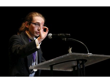 The winner for Lead Actor in a Musical: Christian Garnons-Williams, Earl of March Secondary School, for Sweeney Todd, accept(s) their award, during the 9th annual Cappies Gala awards, held at the National Arts Centre, on June 08, 2014, in Ottawa, Ont.