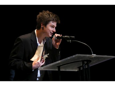 The winner for Lead Actor in a Play: Brett Riddiford, A. Y. Jackson Secondary School, for Twelve Angry Jurors, accepts his award, during the 9th annual Cappies Gala awards, held at the National Arts Centre, on June 08, 2014, in Ottawa, Ont.