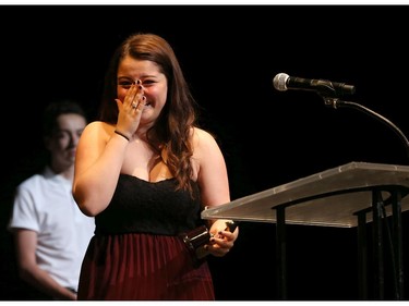 The winner for Lead Actress in a Musical: Molly Henderson, Philemon Wright High School, for Legally Blonde, accepts her award, during the 9th annual Cappies Gala awards, held at the National Arts Centre, on June 08, 2014, in Ottawa, Ont.