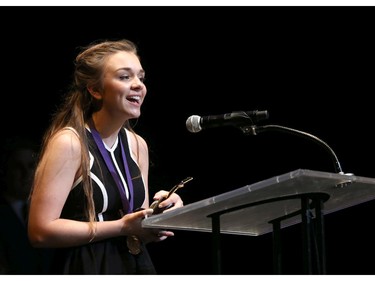 The winner for Lead Actress in a Play: Louisa James-Beswick, Elmwood School, for The Secret Garden, accepts her award, during the 9th annual Cappies Gala awards, held at the National Arts Centre, on June 08, 2014, in Ottawa, Ont.