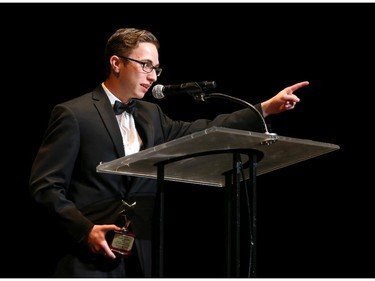 The winner for Supporting Actor in a Musical: Lukas Beneteau-Forgues, Gloucester High School, for Zombie Prom, accepts his award, during the 9th annual Cappies Gala awards, held at the National Arts Centre, on June 08, 2014, in Ottawa, Ont.