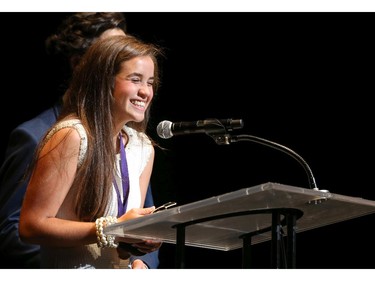 The winner for Supporting Actress in a Play: Olivia Casarramona, Elmwood School, for The Secret Garden, accepts her award, during the 9th annual Cappies Gala awards, held at the National Arts Centre, on June 08, 2014, in Ottawa, Ont.