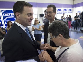 Ontario Conservative leader Tim Hudak greets a supporter at a campaign stop in Ottawa on Monday. Ontarians go to the polls for a provincial election on June 12.