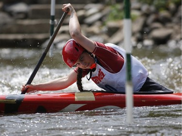 Willa Mason competes in Canoe Single (C1) Women at the first Ontario canoe slalom race of the year, at the Pumphouse downtown Ottawa on June 29, 2014. Many of these paddlers have hopes of representing Ontario at the PanAm games in 2015, while others are local recreational paddlers racing for the first time.