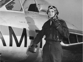 Claude LaFrance poses beside his DeHavilland Vampire jet in 1949