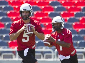 Redblacks held their final practice at TD Place on Thursday before road game at Hamilton on Saturday. Danny O'Brien (9) and Henry Burris get their throws in.