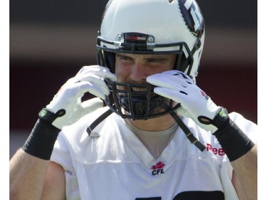 Redblacks held their final practice at TD Place on Thursday before road game at Hamilton on Saturday. #49 John Delahunt.