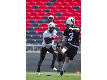 Redblacks held their final practice at TD Place on Thursday before road game at Hamilton on Saturday. Kicker #3 Brett Maher faced a new challenge as the field did not have it's goal posts installed.