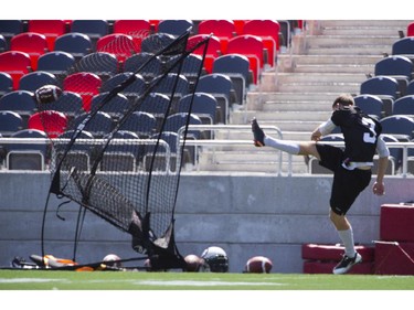 Redblacks held their final practice at TD Place on Thursday before road game at Hamilton on Saturday. Kicker #3 Brett Maher faced a new challenge as the field did not have it's goal posts installed.