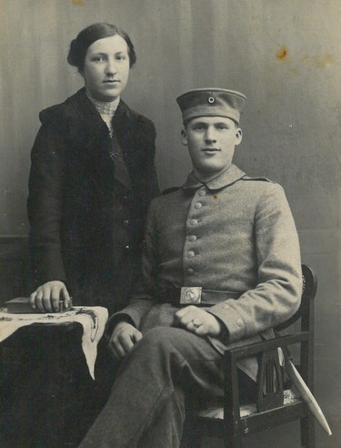 Unidentified photographer, Unidentified Soldier and Wife  1914–18, gelatin silver print, 9 × 14 cm. Private collection.