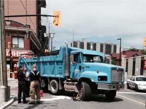 A 43-year-old man was taken to hospital in serious condition Wednesday after his bicycle was hit by a dump truck at Bronson Avenue and Somerset Street.