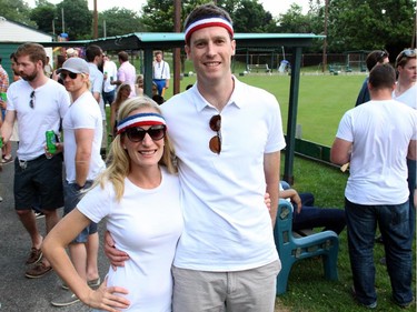 Alayne Crawford and Kurt Eby in matching sweat handbands at the Lawn Summer Nights event held at the Elmdale Lawn Bowling Club on Wednesday, July 2, 2014.
