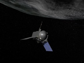 Artist's concept of the OSIRIS-Rex spacecraft reaching out to scoop rocks from the surface of asteroid Bennu.