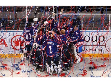 SYDNEY, AUSTRALIA - JULY 26:  The USA celebrate a goal in extra time to win the International Ice Hockey Series between the United States and Canada at Allphones Arena on July 26, 2014 in Sydney, Australia.