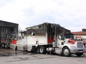 Canadian Blood Services bloodmobile was destroyed by fire on Sunday.