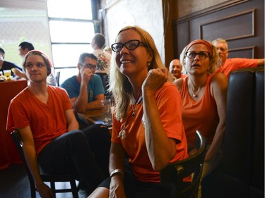 CBC reporter Sandra Abma, centre, is on vacation and cheering for Netherlands during the FIFA World Cup 2014 match between Netherlands and Argentina at Hooley's on Wednesday, July 9, 2014.